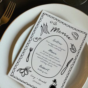 Puede incluir: Un men&uacute; en blanco y negro con un dise&ntilde;o dibujado a mano. El men&uacute; enumera el entrante, el plato principal y el postre. El texto dice: "Menu", "Entree", "Main", "Dessert", "Lory & Donald", "23.04.2025".