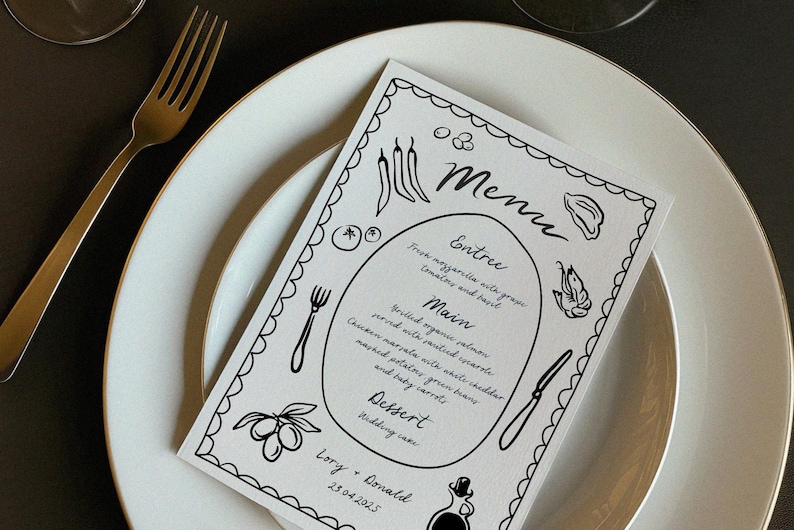 Puede incluir: Un men&uacute; en blanco y negro con un dise&ntilde;o dibujado a mano. El men&uacute; enumera el entrante, el plato principal y el postre. El texto dice: "Menu", "Entree", "Main", "Dessert", "Lory & Donald", "23.04.2025".