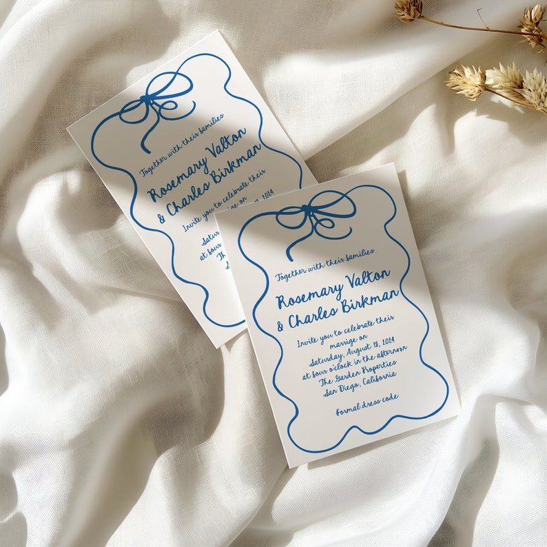 Wedding invitations, hand drawn wavy invitation suite