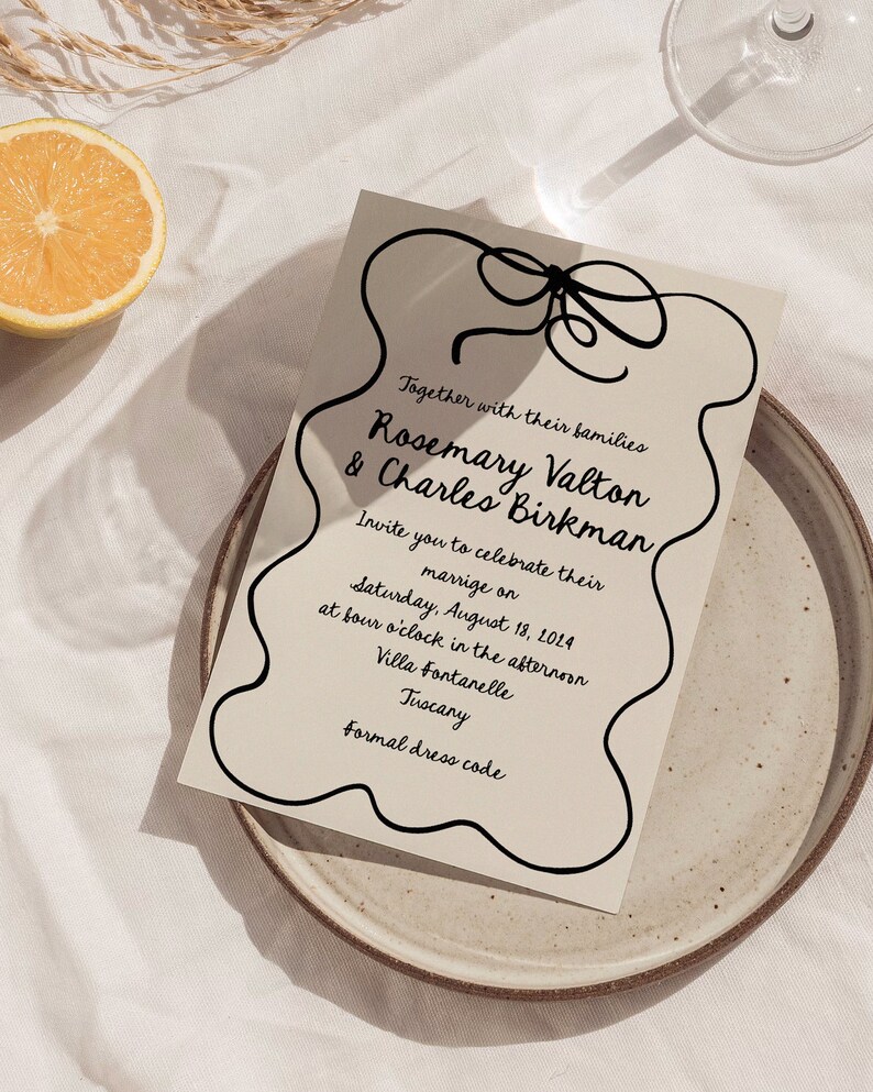Wedding invitations, hand drawn wavy invitation suite
