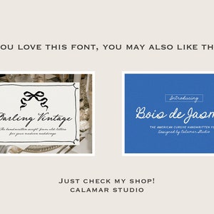 May include: A collage of two images showcasing different fonts. The first image features a white background with a black and white illustration of a bow and the text "Darling Vintage" in a cursive font. The second image features a blue background with the text "Bois de Jasmin" in a cursive font. The text "Introducing" appears above the font name in a white rectangle.