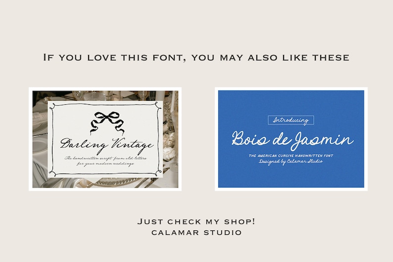 May include: A collage of two images showcasing different fonts. The first image features a white background with a black and white illustration of a bow and the text "Darling Vintage" in a cursive font. The second image features a blue background with the text "Bois de Jasmin" in a cursive font. The text "Introducing" appears above the font name in a white rectangle.