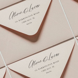 May include: Close-up of a stack of pink envelopes with the name "Alison Lucas" and address "251 Barrington Road, Chicago, IL 60150" printed on each.