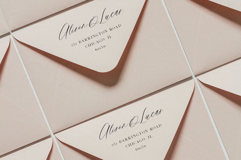 May include: Close-up of a stack of pink envelopes with the name "Alison Lucas" and address "251 Barrington Road, Chicago, IL 60150" printed on each.