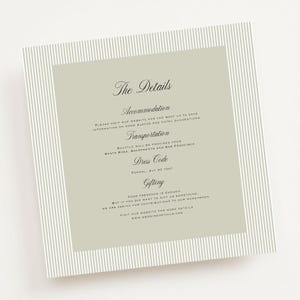 May include: A square invitation card with a light green center and a striped border. The text on the card includes details about accommodation, transportation, dress code, and gifting. The card is designed with a minimalist aesthetic.