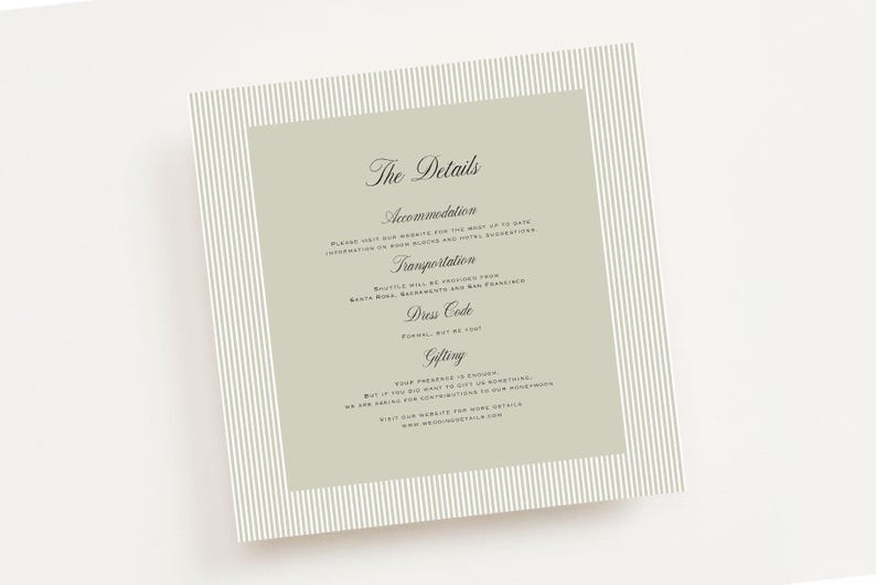 May include: A square invitation card with a light green center and a striped border. The text on the card includes details about accommodation, transportation, dress code, and gifting. The card is designed with a minimalist aesthetic.