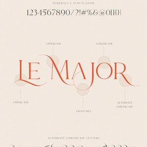 May include: A font design sample showcasing uppercase and lowercase letters, numerals, punctuation marks, and ligatures. The font is called "Le Major" and is displayed in a decorative, elegant style.