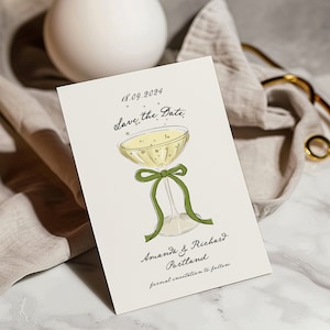 Save The Date Vorlage, handgezeichnete Einladung mit Champagner und Schleife Vorlage, trendige skurrile Karte, Spaß Hochzeit einladen, Sofort Download