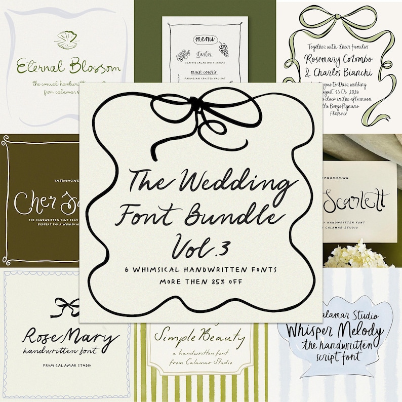 Puede incluir: Una colecci&oacute;n de fuentes manuscritas con tem&aacute;tica de boda. La imagen central dice "The Wedding Font Bundle Vol. 3" con el texto "6 Whimsical Handwritten Fonts More Than 85% Off." Otras tarjetas muestran nombres de fuentes.