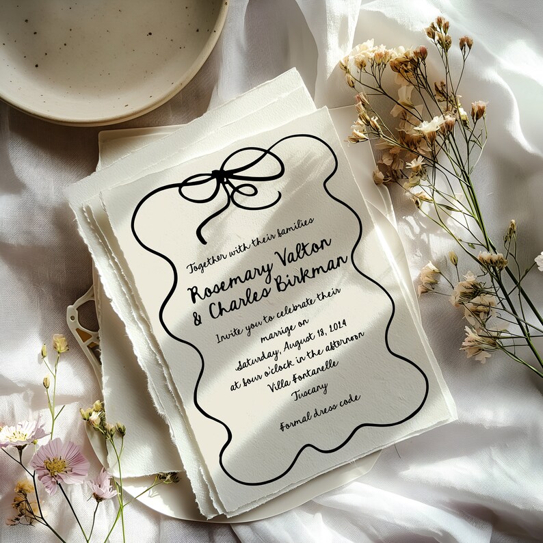 Wedding invitations, hand drawn wavy invitation suite