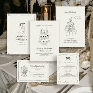 Hand Drawn Wedding Invitation Suite Template, Quirky Handwritten invitations, Whimsical Wedding Invites Set, Editable Template Download