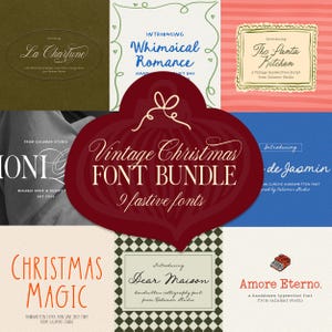 Puede incluir: Un conjunto de nueve fuentes festivas, incluyendo "La Chartune", "Whimsical Romance" y "The Santa Kitchen". Las fuentes se muestran sobre varios fondos de colores, con un gráfico central rojo en forma de adorno que dice "Vintage Christmas Font Bundle".