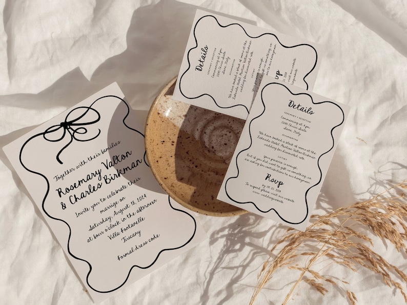 Wedding invitations, hand drawn wavy invitation suite