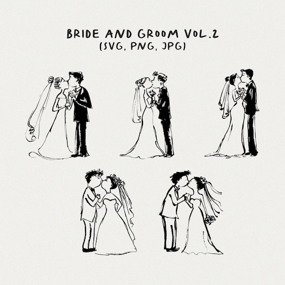 Whimsical Bride and Groom Illustrations: Wedding Clipart (SVG, PNG, JPG)