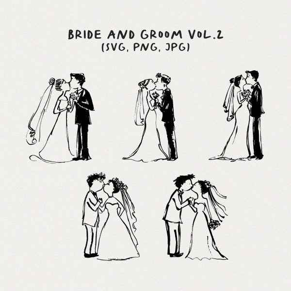 Hand Drawn Bride and Groom Couple Illustrations, Funny Wedding SVG PNG, Whimsical Wedding Clipart for Invitation, Vol. 2