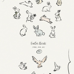 May include: A set of 18 black and white line art illustrations of Easter bunnies and 11 black and white line art illustrations of Easter birds. The illustrations are in a simple, hand-drawn style.