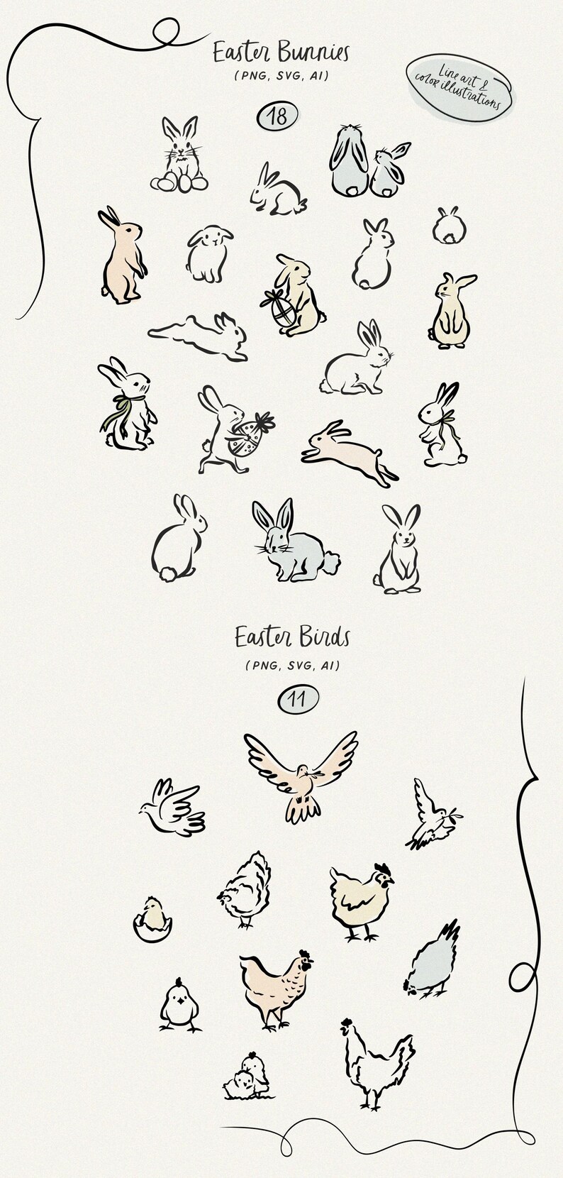 May include: A set of 18 black and white line art illustrations of Easter bunnies and 11 black and white line art illustrations of Easter birds. The illustrations are in a simple, hand-drawn style.
