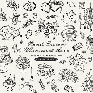 Ensemble de cliparts SVG mariage lunatique avec illustrations, icônes, gribouillages pour faire-part de mariage, menu, invitations de mariée, bordures ondulées gribouillis