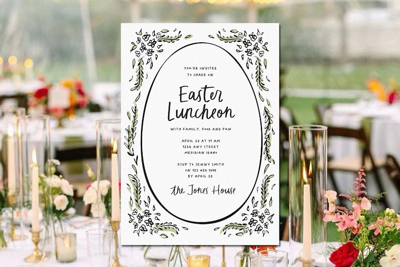 May include: A white invitation card with a black oval frame decorated with green leaves and flowers. The text reads "You're invited to share in an Easter Luncheon with family, friends and fun. April 15 at 11 am 1234 Any Street Meridian, Isar RSVP to Jenny Smith at 123 454 1290 by April 20 The Jones House"