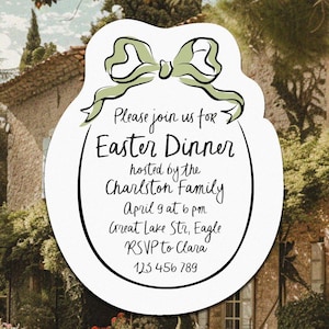 May include: A white and green Easter dinner invitation with a green bow and the text "Please join us for Easter Dinner hosted by the Charleston Family April 9 at 6 pm Great Lake Str, Eagle RSVP to Clara 123 456 789"