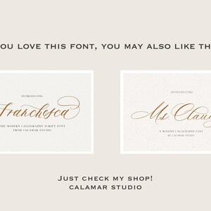 May include: Two white cards with brown text on a beige background. The text on the top card reads "Introducing Franchesca The Modern Calligraphy Script Font From Calamar Studio". The text on the bottom card reads "Introducing Ms. Claudy A Modern Calligraphy Font By Calamar Studio". The text below the cards reads "Just Check My Shop! Calamar Studio".