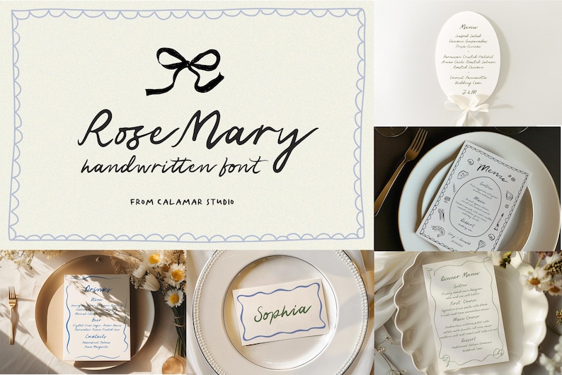 Puede incluir: Una colecci&oacute;n de art&iacute;culos de papeler&iacute;a elegantes, incluyendo men&uacute;s y tarjetas de lugar, con la fuente manuscrita "Rose Mary". El dise&ntilde;o incluye un lazo decorativo y bordes festoneados, perfecto para bodas o eventos especiales.