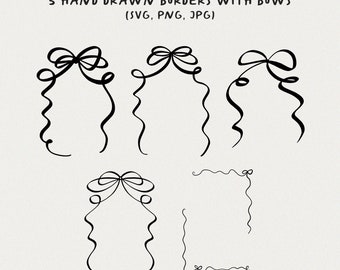 Hand Drawn SVG Ribbon Clipart with Bow, PNG Border and Frames, Digital Whimsical Wedding Clipart for Invitations