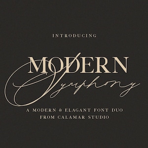 May include: A graphic design with the words "INTRODUCING MODERN SYMPHONY" in a serif font with a cursive script overlay. The text "A MODERN & ELEGANT FONT DUO FROM CALAMAR STUDIO" is also included on a dark background.