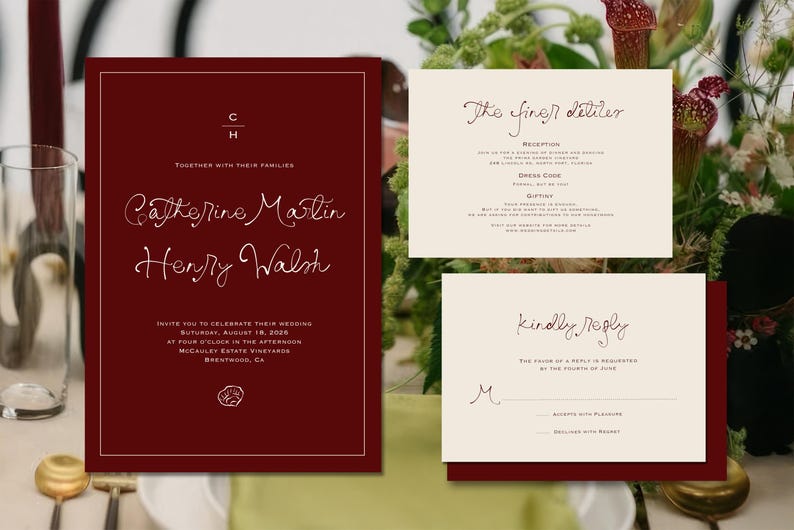 May include: Burgundy wedding invitation suite with a minimalist design. The main invitation features the names "Catherine Martin" and "Henry Walsh" in elegant script. Additional cards include details and RSVP information.