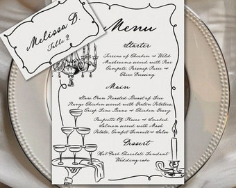 Hand drawn Dinner Menu Card + Wedding Place Card, Wedding Menu + Name Card, Editable Menu Template, Escort Cards, Dinner Party Menu