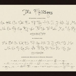 May include: A cream-colored paper displays a handwritten font called "The Fioresque." The font includes standard characters, alternatives, and lowercase beginning and ending swashes. Numbers 0-9 are also shown. The text is in black.
