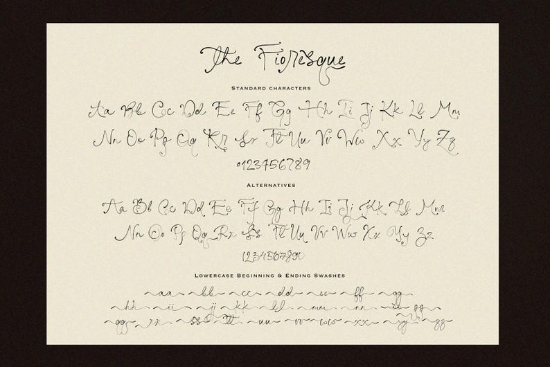 May include: A cream-colored paper displays a handwritten font called "The Fioresque." The font includes standard characters, alternatives, and lowercase beginning and ending swashes. Numbers 0-9 are also shown. The text is in black.