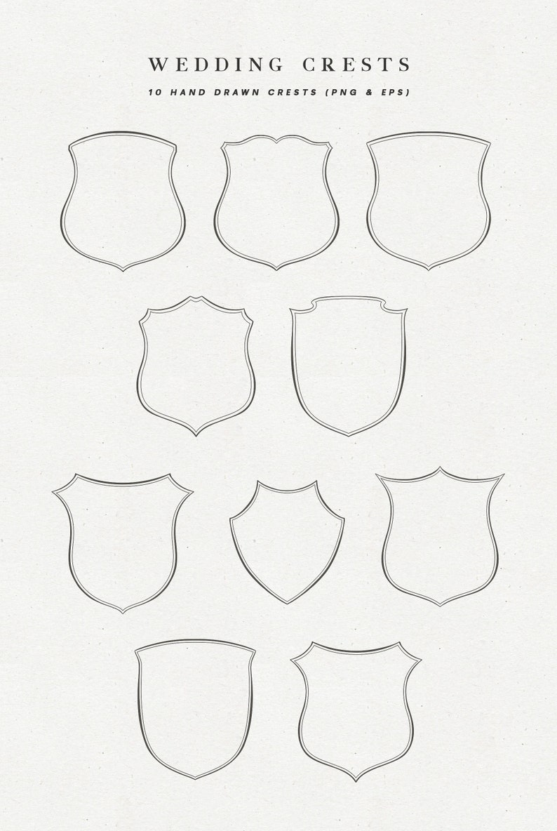Puede incluir: Diez dise&ntilde;os de crestas de boda dibujados a mano en blanco y negro. Las crestas tienen forma de escudos con bordes redondeados.  WEDDING CRESTS 10 HAND DRAWN CRESTS (PNG & EPS)