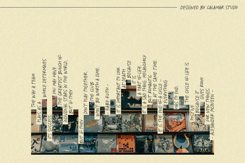 May include: A collage of colorful album covers with handwritten text quotes about life, success, and teamwork. The text includes quotes from Babe Ruth and Alexander McQueen.