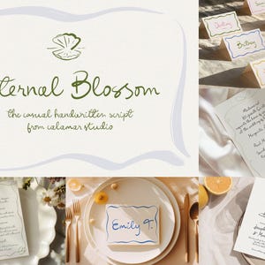 Puede incluir: Imagen de papeler&iacute;a de boda con el texto "Eternal Blossom" y "the casual handwritten script from calamar studio." La imagen incluye tarjetas de sitio, men&uacute;s e invitaciones con caligraf&iacute;a manuscrita.