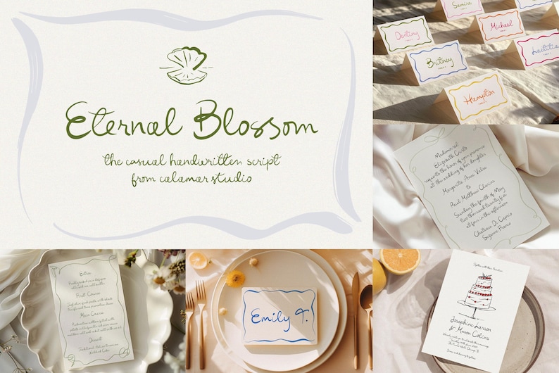 Puede incluir: Imagen de papeler&iacute;a de boda con el texto "Eternal Blossom" y "the casual handwritten script from calamar studio." La imagen incluye tarjetas de sitio, men&uacute;s e invitaciones con caligraf&iacute;a manuscrita.