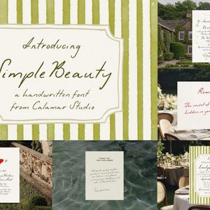 Puede incluir: Una colecci&oacute;n de papeler&iacute;a de boda con una fuente manuscrita llamada "Simple Beauty" de Calamar Studio. El dise&ntilde;o incluye invitaciones, tarjetas de recordatorio y notas de agradecimiento, con un fondo a rayas verdes y blancas.