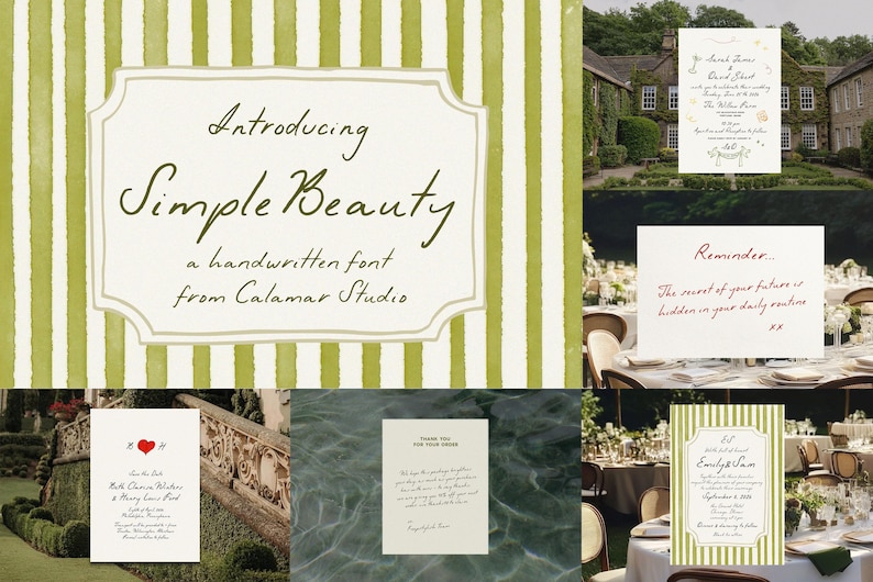 Puede incluir: Una colecci&oacute;n de papeler&iacute;a de boda con una fuente manuscrita llamada "Simple Beauty" de Calamar Studio. El dise&ntilde;o incluye invitaciones, tarjetas de recordatorio y notas de agradecimiento, con un fondo a rayas verdes y blancas.