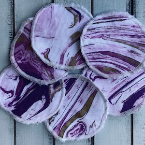 Set of 6 Eco Friendly, Reusable Facial Rounds, Makeup Remover Pads, Purple, White, and Gold Face Scrubs