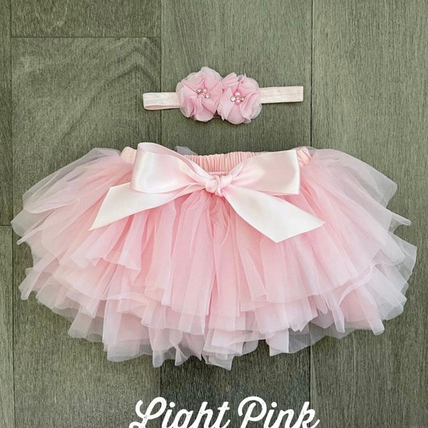 100% Cotton Personalized Bodysuit & Soft Pink Tutu w Bloomer Outfit Headband, One Skirt for Toddler Baby Girl, First Birthday Special Outfit