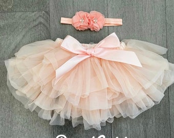 100% Cotton Personalized Bodysuit & Soft Pink Tutu w Bloomer Outfit Headband, One Skirt for Toddler Baby Girl, First Birthday Special Outfit