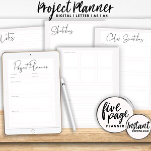 May include: A five-page project planner printable in digital format. The planner includes sections for notes, sketches, color swatches, and a project planning page with sections for project name, budget, materials, and next steps. The text "Project Planner" is written in black cursive font. The text "Instant Download" is written in black on a white circle.