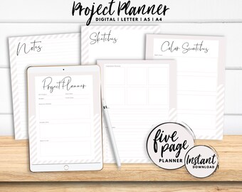 Puede incluir: Un planificador de proyectos digital con cinco páginas, que incluye secciones para notas, bocetos y muestras de colores. El planificador está disponible para descarga instantánea en tamaño carta o A4.