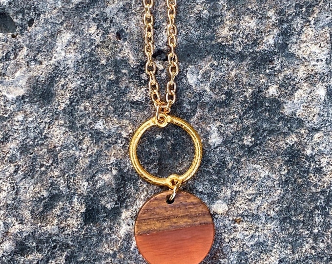 Wood & Coral Disc + Satin Gold Pendant Necklace (inspired by Dear Heart)