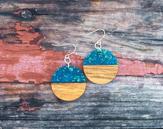 Wood & Teal Resin with Gold Foil Disc Earrings (inspired by Dear Heart)