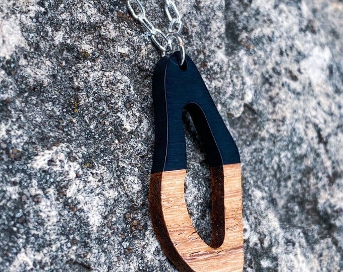 Wood & Jet Black Resin Free Form Cut Out Pendant Necklace (inspired by Dear Heart)