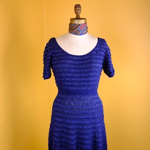 Royal Blue 1940s/50s Silk Ribbon and Wool Knit Dress image 8