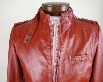 1980s Womens rust leather jacket with band collar, Medium