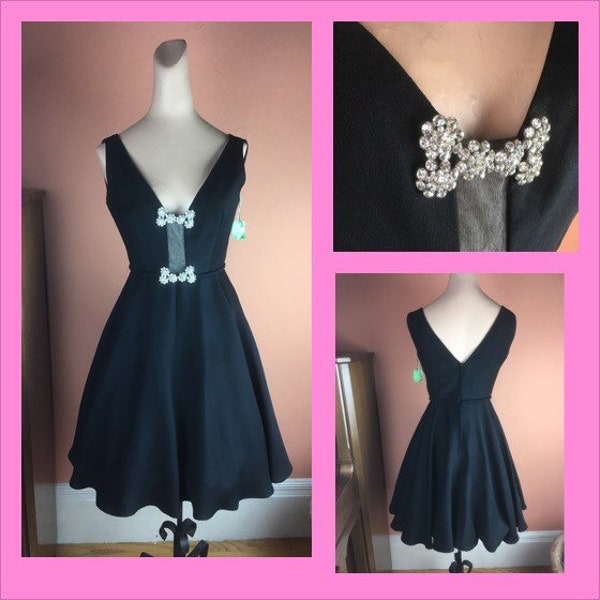 1960s New Old Stock Black Cocktail Dress with Rhinestone Buckles - Size 4