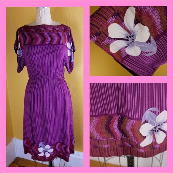 1980s Purple Rayon Print Dress - Size 6